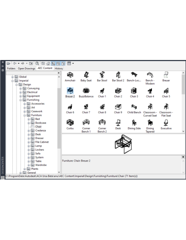 AutoCAD Architecture 2024: Design Center con el contenido AEC de mobiliario y la vista previa de una silla