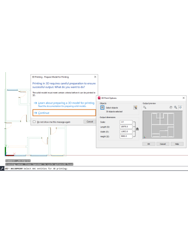AutoCAD Architecture 2024: AEC3DPRINT con el aviso de preparación y las opciones de impresión 3D de una planta