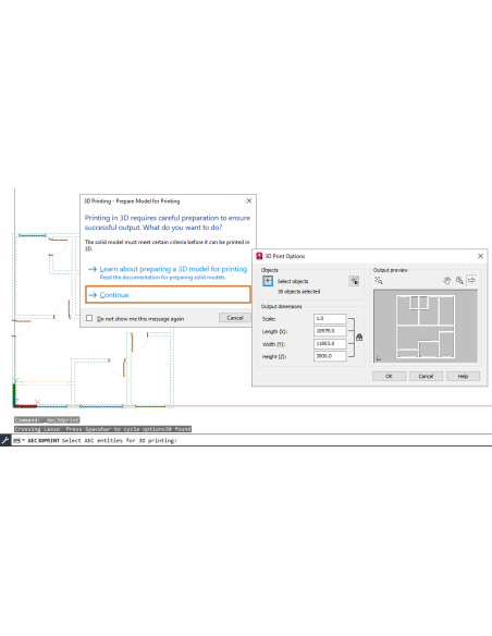 AutoCAD Architecture 2024: AEC3DPRINT con el aviso de preparación y las opciones de impresión 3D de una planta