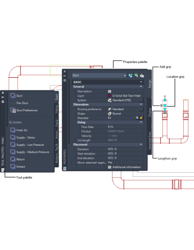AutoCAD MEP 2022: paleta de herramientas HVAC y paleta Propiedades de un conducto con sus pinzamientos