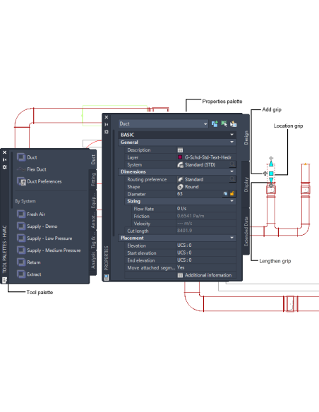 AutoCAD MEP 2022: paleta de herramientas HVAC y paleta Propiedades de un conducto con sus pinzamientos
