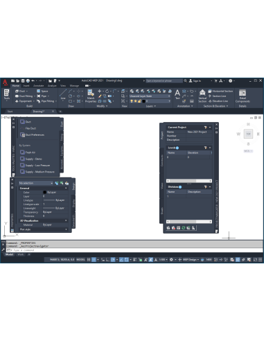 AutoCAD MEP: espacio de trabajo con cinta, paleta HVAC y Navegador de proyecto