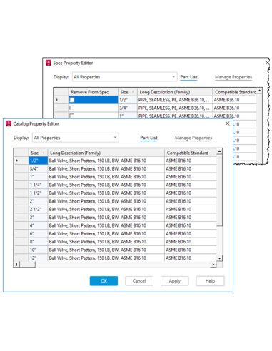AutoCAD Plant 3D 2024: editores de propiedades de especificación y de catálogo con lista de piezas