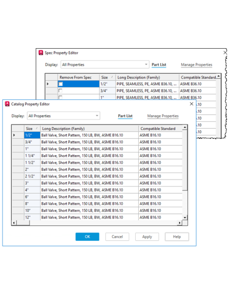 AutoCAD Plant 3D 2024: editores de propiedades de especificación y de catálogo con lista de piezas