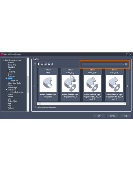AutoCAD Plant 3D 2027: Navegador de formas con codos y búsqueda para el modelado 3D