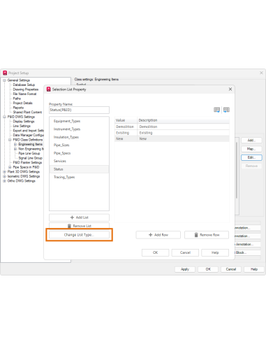 AutoCAD Plant 3D 2027: propiedad de lista de selección en Configuración de proyecto con Cambiar tipo