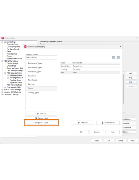 AutoCAD Plant 3D 2027: propiedad de lista de selección en Configuración de proyecto con Cambiar tipo