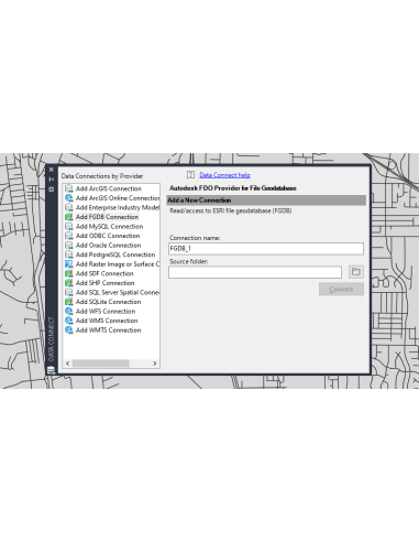 AutoCAD Map 3D 2023: panel Data Connect con el proveedor FDO para geodatabase de archivos (FGDB)