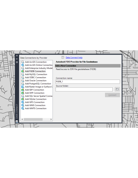 AutoCAD Map 3D 2023: panel Data Connect con el proveedor FDO para geodatabase de archivos (FGDB)
