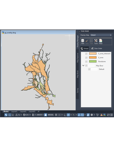 AutoCAD Map 3D: Administrador de visualización con grupos de capas de zonas sobre un mapa