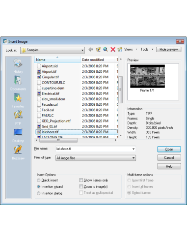 AutoCAD Raster Design 2022: cuadro Insertar imagen con vista previa de un TIFF y opciones del asistente