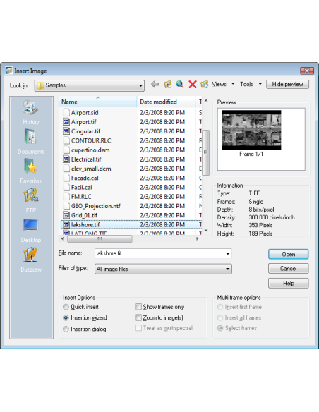 AutoCAD Raster Design 2022: cuadro Insertar imagen con vista previa de un TIFF y opciones del asistente