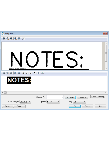 AutoCAD Raster Design 2022: cuadro Verificar texto con el reconocimiento de la palabra NOTES: de un escaneo