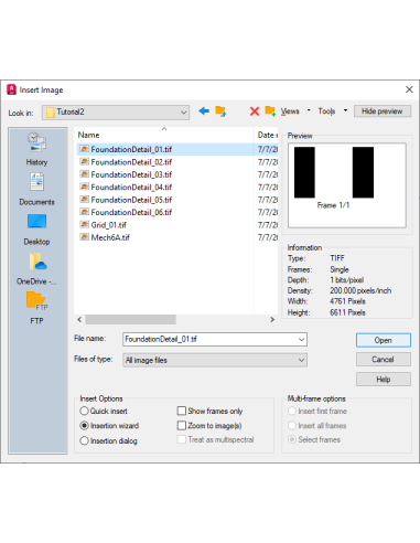 AutoCAD Raster Design: cuadro Insertar imagen con vista previa de un TIFF escaneado y opciones de inserción