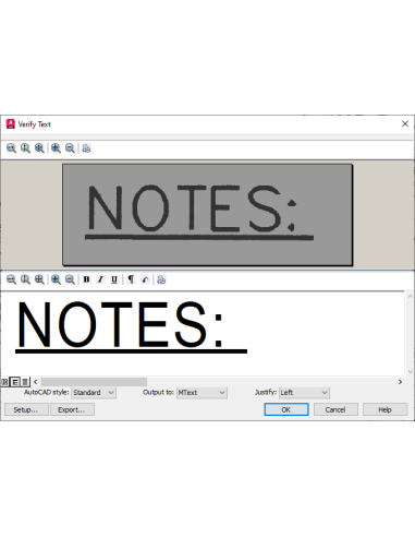 AutoCAD Raster Design: cuadro Verificar texto con el reconocimiento de texto impreso NOTES: de un escaneo