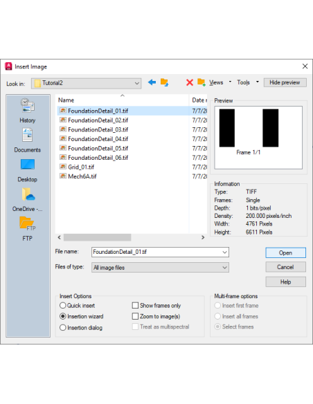 AutoCAD Raster Design 2027: cuadro Insertar imagen con vista previa de un TIFF escaneado