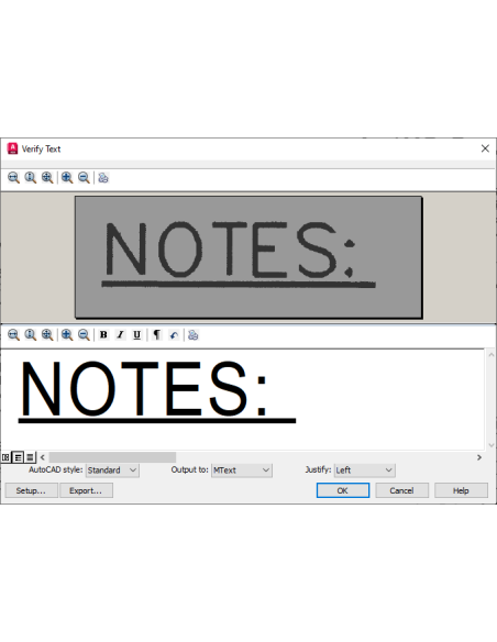 AutoCAD Raster Design 2027: cuadro Verificar texto con el reconocimiento de la palabra NOTES: de un escaneo