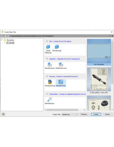 Cuadro «Crear nuevo archivo» de Inventor 2021 con plantillas de pieza, ensamblaje, plano y presentación