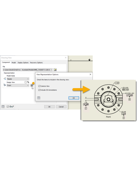 Cuadro Vista de plano de Inventor con estado del modelo y vista de diseño, y la vista con anotaciones 3D