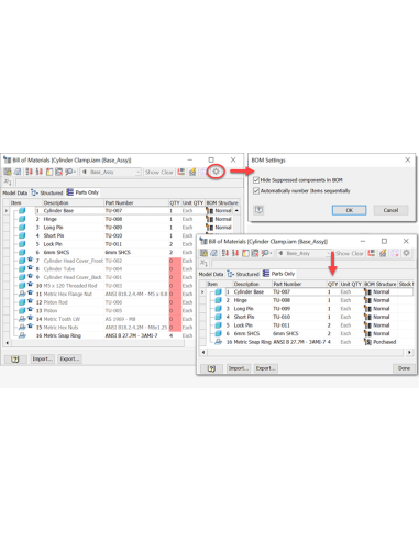 Cuadro Lista de materiales de Inventor con un ensamblaje de abrazadera: número, descripción y cantidad