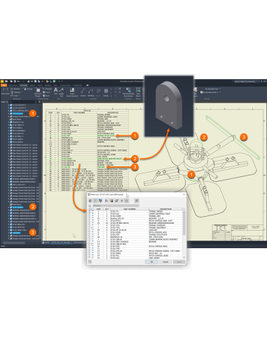 Plano de Inventor con lista de piezas, navegador del modelo y cuadro Lista de piezas