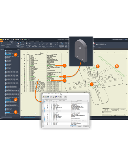 Plano de Inventor con lista de piezas, navegador del modelo y cuadro Lista de piezas