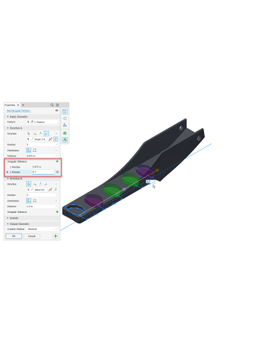Panel Propiedades de Inventor con un patrón rectangular y distancias irregulares entre elementos
