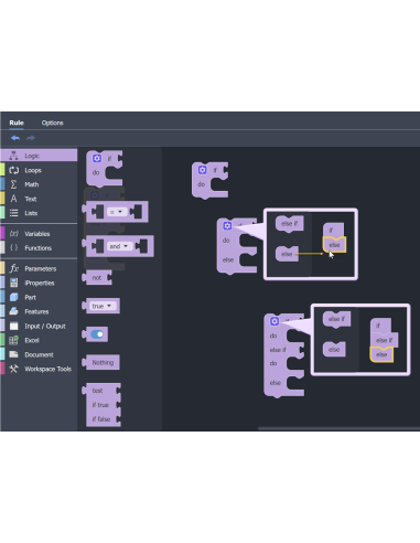 Editor de reglas iLogic Codeblocks de Inventor 2027 con bloques visuales if/else y sus categorías