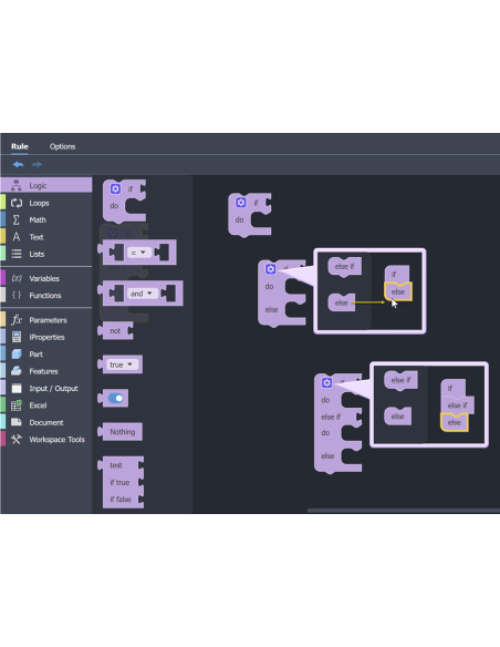 Editor de reglas iLogic Codeblocks de Inventor 2027 con bloques visuales if/else y sus categorías
