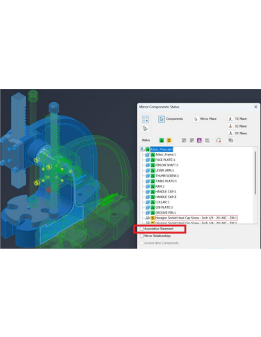 Cuadro Reflejar componentes de Inventor con un ensamblaje y la opción de colocación asociativa