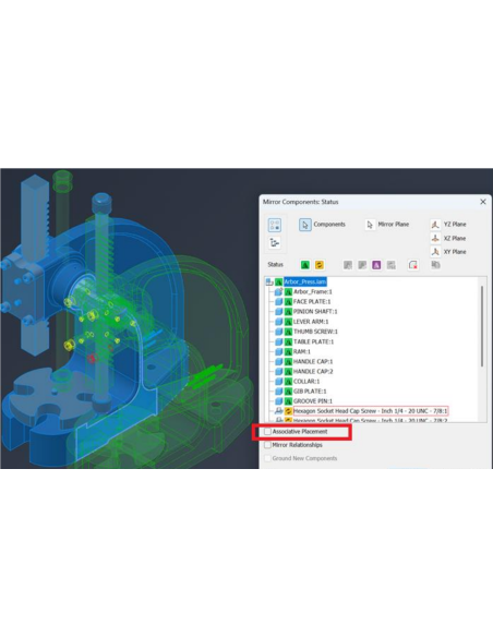 Cuadro Reflejar componentes de Inventor con un ensamblaje y la opción de colocación asociativa