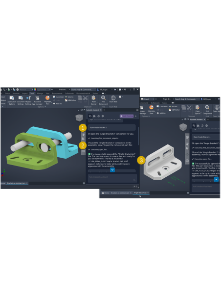 Panel Autodesk Assistant (vista previa) de Inventor 2027 abriendo un componente de un ensamblaje