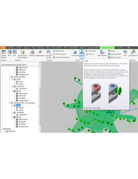 Pestaña Autodesk Nastran en Inventor con cargas, restricciones y malla, y el árbol de modelo con resultados