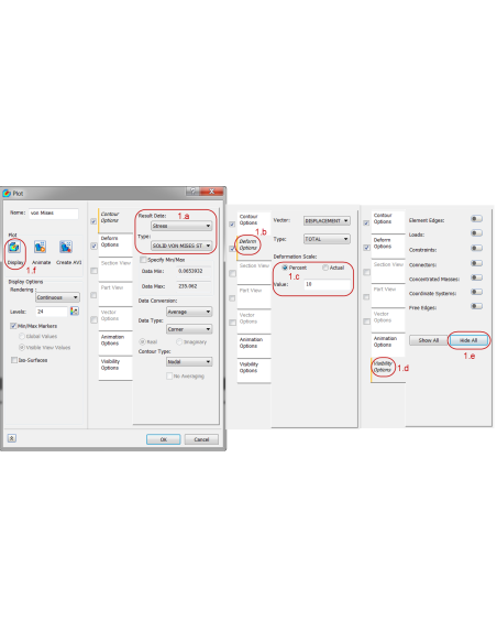 Cuadro Plot de Inventor Nastran para graficar tensiones: tipo de resultado, deformación y visibilidad