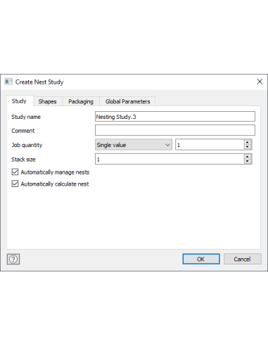 Cuadro Crear estudio de anidado de Inventor Nesting con nombre, cantidad de trabajo y gestión automática