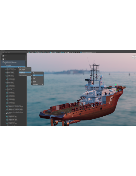 Outliner de Maya con menú contextual USD (Add New Prim) y un modelo de barco en el visor