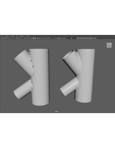 Visor de Maya con dos uniones de tubos: bisel con fallos a la izquierda y Smart Bevel limpio a la derecha