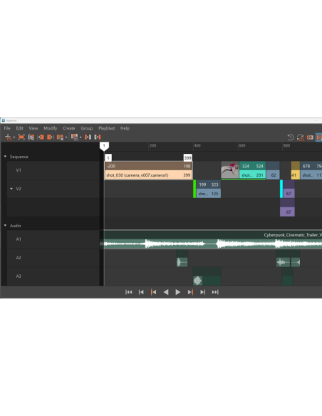 Sequencer rediseñado de Maya 2027 con pistas de vídeo V1 y V2, pistas de audio y controles de reproducción
