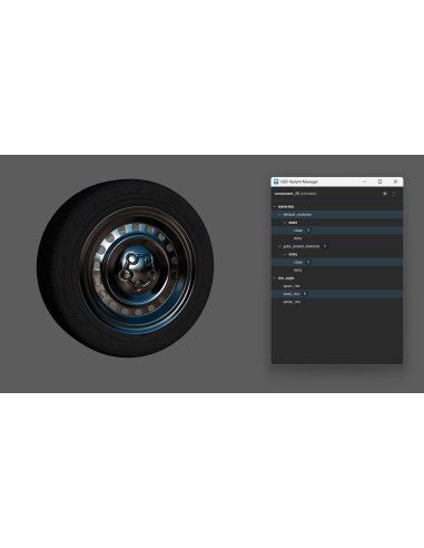 Ventana USD Variant Manager de Maya 2027 junto a una rueda con neumático y sus variantes de material
