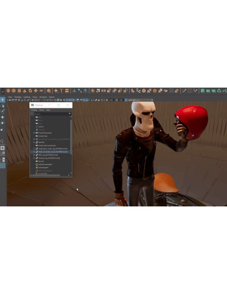 Outliner y visor de Maya LT con un personaje esquelético sobre una moto y barra de herramientas de modelado
