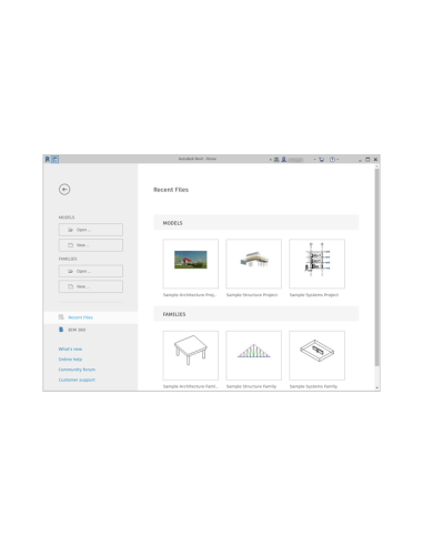 Pantalla de inicio de Revit 2021 con modelos y familias recientes