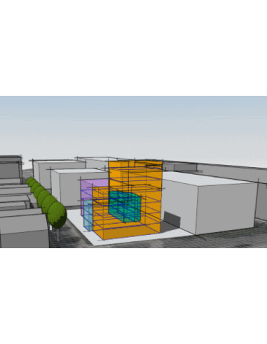 Volúmenes de anteproyecto de FormIt sobre un entorno urbano, enlazados con Revit