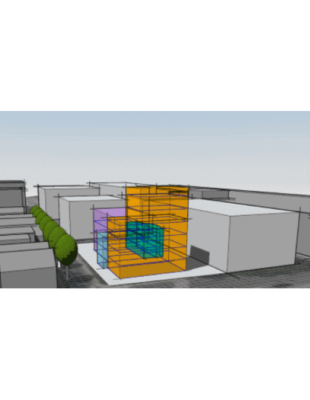 Volúmenes de anteproyecto de FormIt sobre un entorno urbano, enlazados con Revit