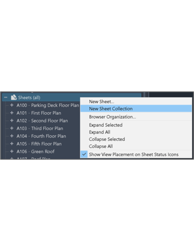 Menú del navegador de proyecto de Revit 2025 con la opción Nueva colección de hojas