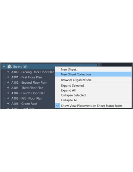 Menú del navegador de proyecto de Revit 2025 con la opción Nueva colección de hojas