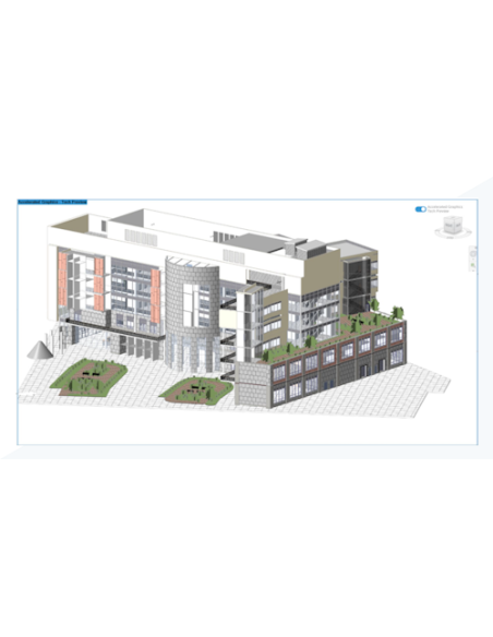 Modelo de edificio en una vista 3D con gráficos acelerados activados en Revit 2026