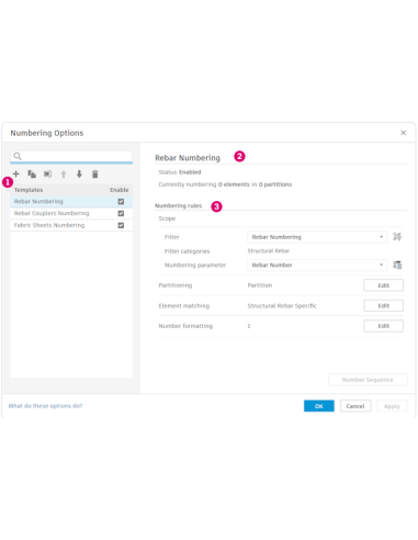 Cuadro Numbering Options de Revit 2027 con plantillas de numeración basada en reglas