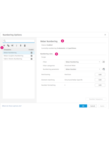Cuadro Numbering Options de Revit 2027 con plantillas de numeración basada en reglas