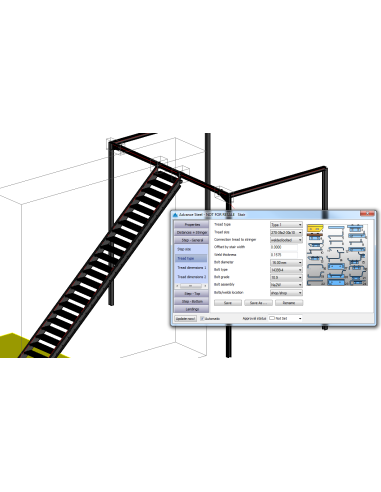 Escalera modelada en Advance Steel con su cuadro de propiedades de peldaños