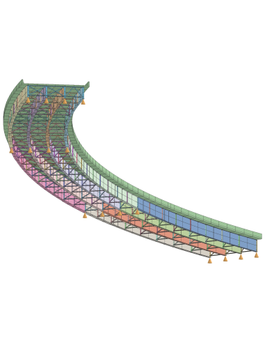 Modelo de análisis por elementos finitos de un puente curvo con apoyos, en Structural Bridge Design